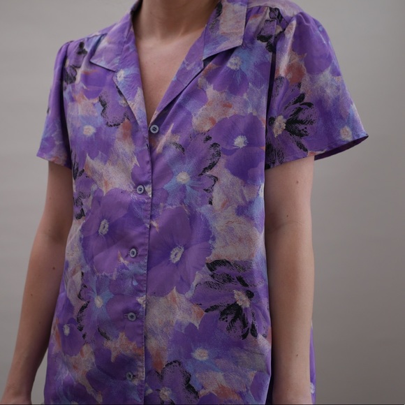 Button Up Shirt Vintage Collared Puff Short Sleeve Purple Floral Print Medium - Picture 3 of 7
